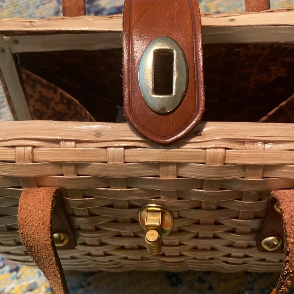 Vintage Natural Wicker Woven Handbag with Brown Leather Accents - Picture 4 of 8
